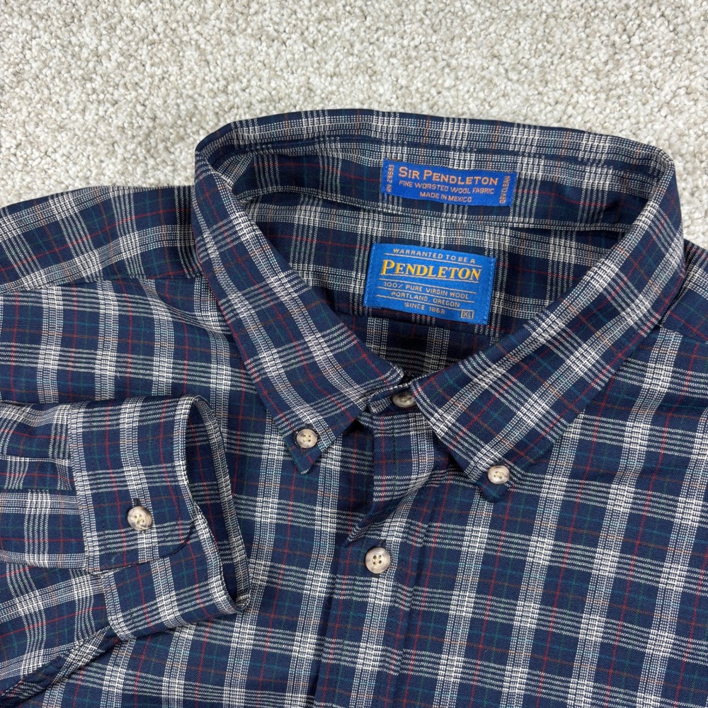 Pendleton Button Down Shirt Men XL Blue Plaid Sir Pendleton Worsted Wool L/S